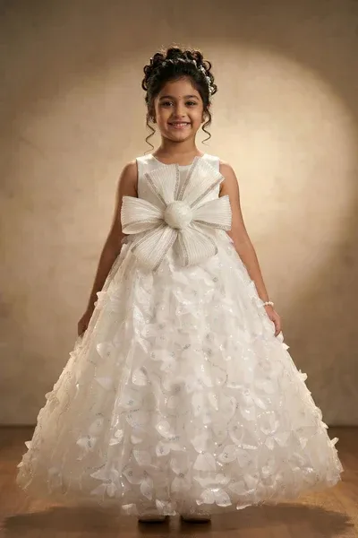 Girls White Floral Party Gown with Statement Bow